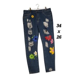 Cupshe Hippie Flower Pattern Jeans Boho Torn Shredded Blue Jeans NWOT Size L